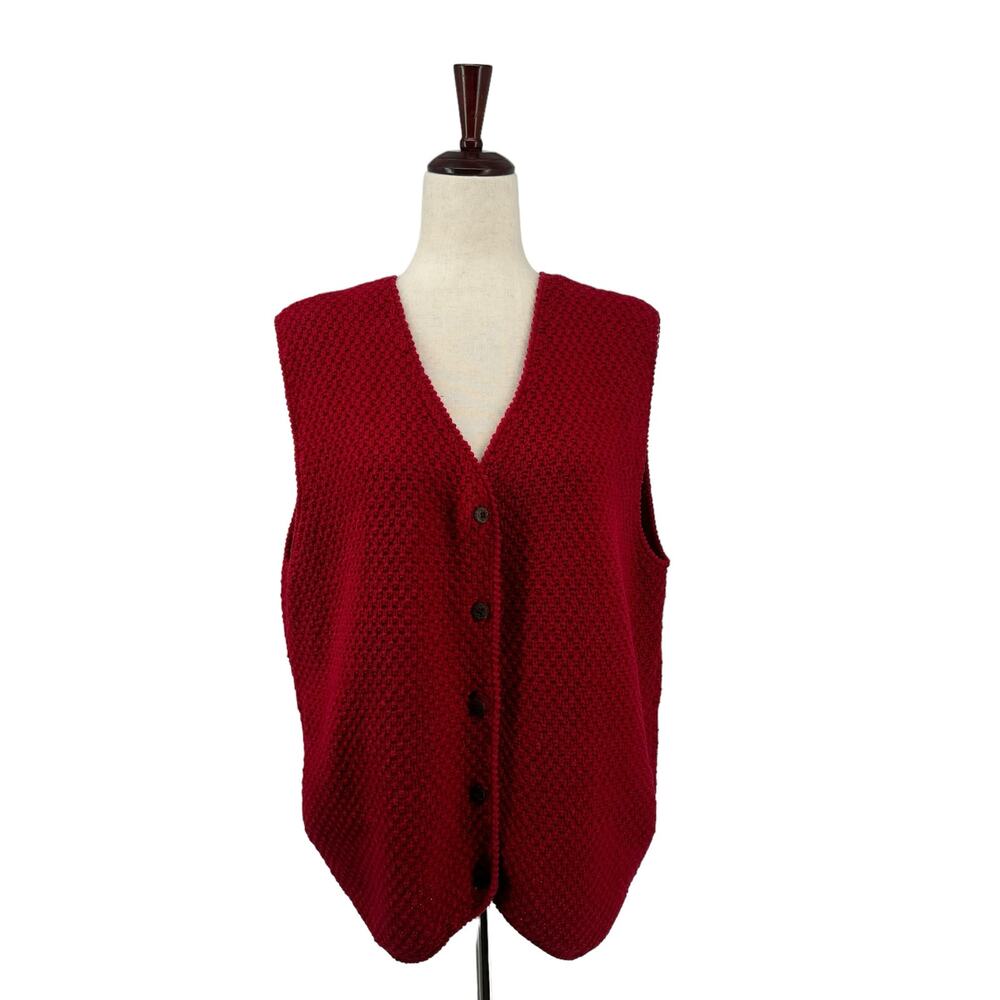 Vintage LL Bean Cotton Linen Sweater Vest Knit XL OM113 Red Button‎ Down V Neck